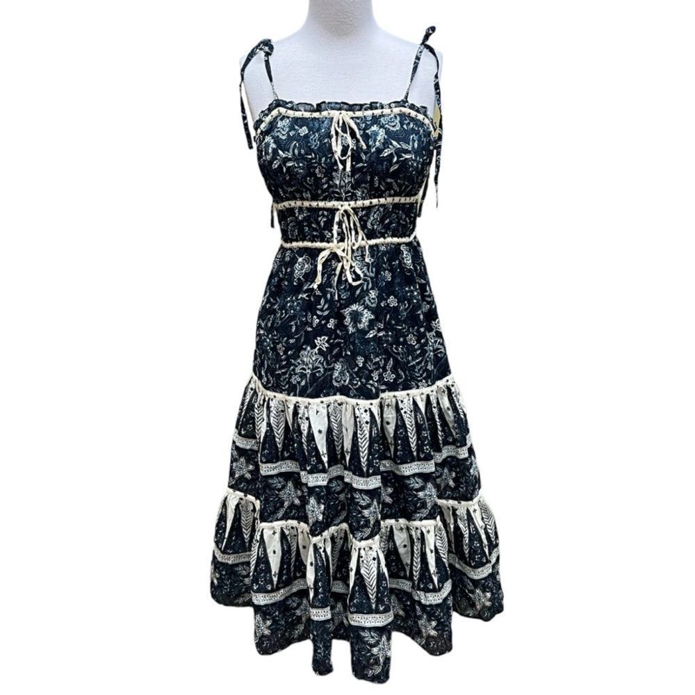 Christian Lacroix Navy and Ivory Printed Tiered Midi Dress Size M ~ Pristine - Picture 8 of 11